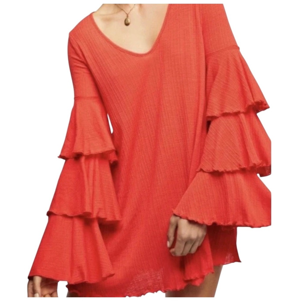 Free People Seashore Ruffle Sleeve Mini Dress Sz M Orange Boho Gauzy Beach Chic